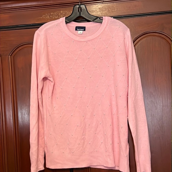 Basic Editions Pink With Pearl Front Diamond Designs Sweater Size Large - Picture 1 of 7